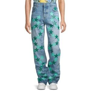 $2,995 NWT Amiri Chemist Star Patchwork Faded Indigo Straight-Leg Jeans Size 36